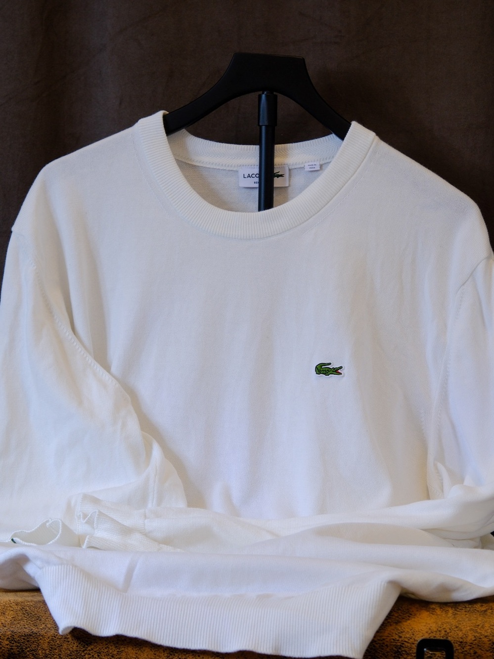 Lacoste Men’s 3XL White Crewneck Sweatshirt with Green Crocodile Logo